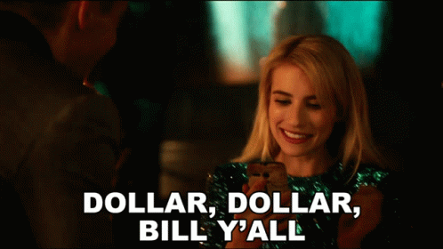 a blonde girl with long hair texting dollar, dollar, bill y'all