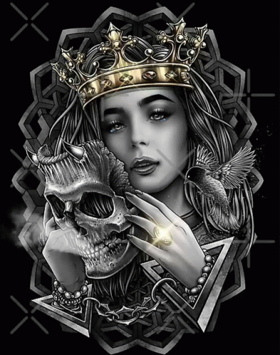 a woman with a skull in her hand and a crown