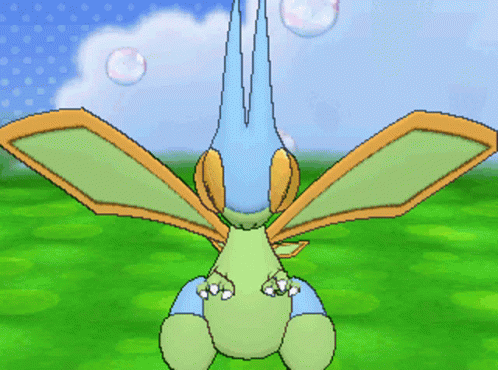 a large green pokemon with large wings on a green grass covered field