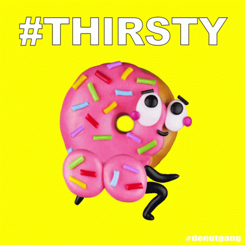 the word thristy is spelled by a cartoon character holding a donut