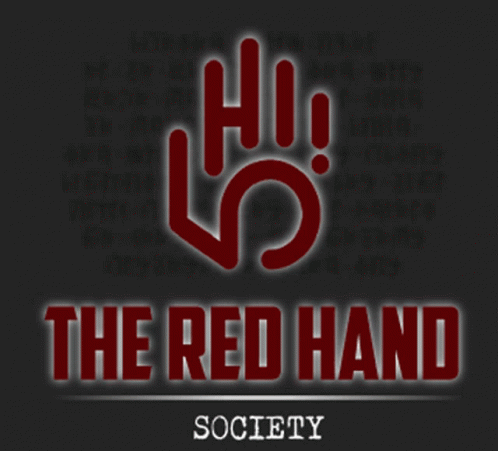 the red hand society logo, black and blue