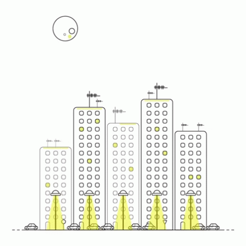 a line drawing of tall buildings next to a city