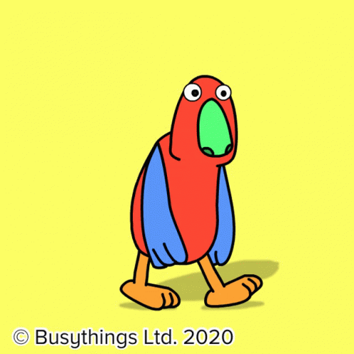 a cartoon character in blue, orange and green