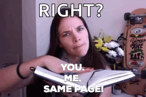 girl with book in hands reads'right? you me same page '