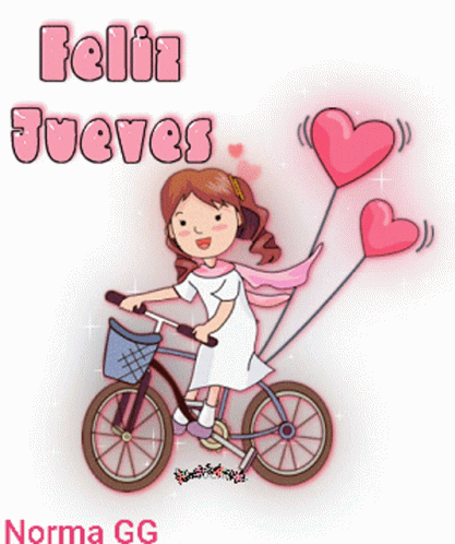 a little girl riding on top of a bike with two hearts