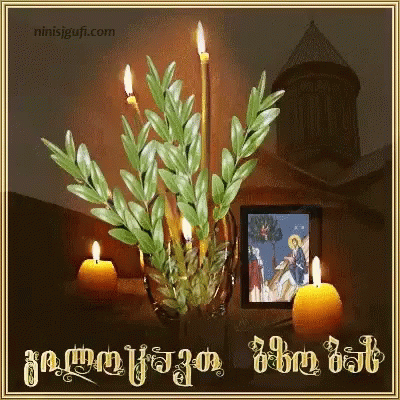 an artistic greeting with candles and a plant