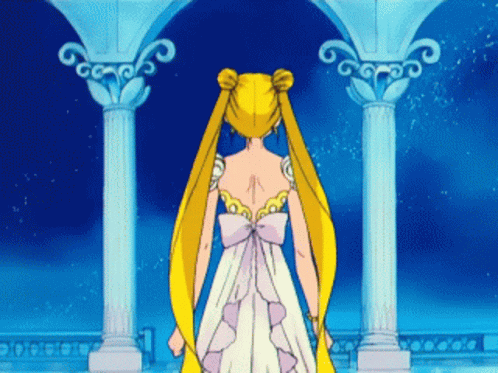 anime artwork with lady in blue dress standing by pillars