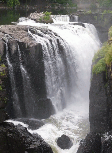 large waterfall next to rock cliff in green forest