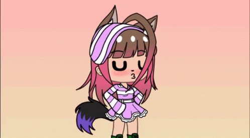 a cartoon girl in a pink and blue outfit with her wolf ears folded up
