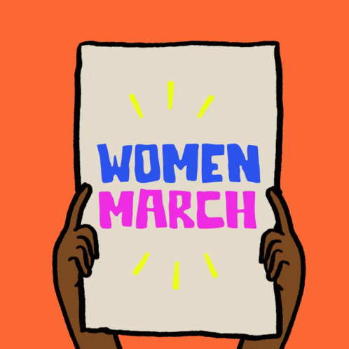 the cartoon illustration shows a sign with the word women march