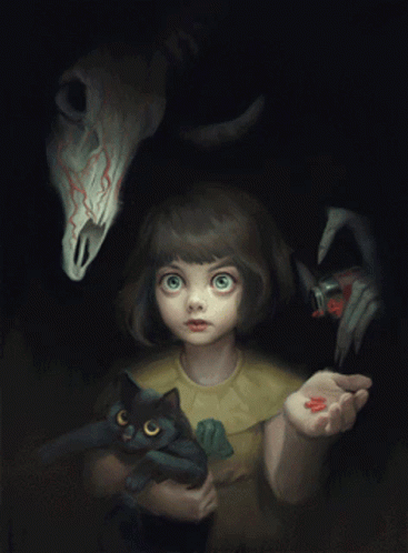 a girl in the dark holding a cat and doll
