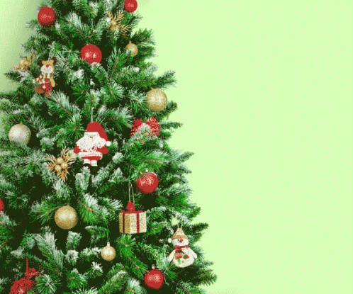 a decorated christmas tree stands in front of a blue background