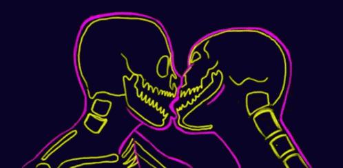 an alien kissing a person with neon blue and purple lights