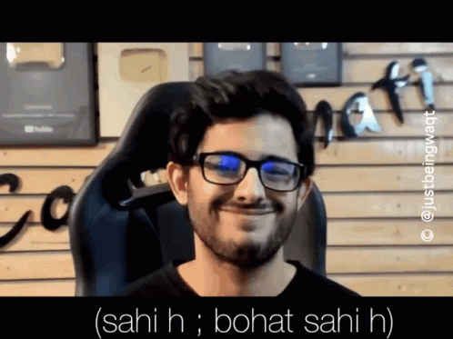 a guy with red glasses and the words sahi h, bohat saih in front of them