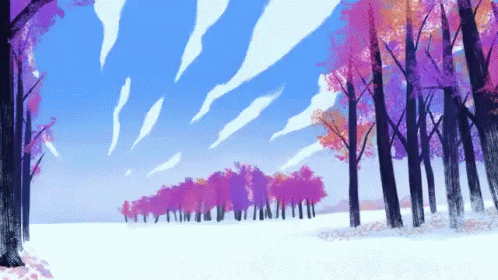 a painting of several trees in the snow