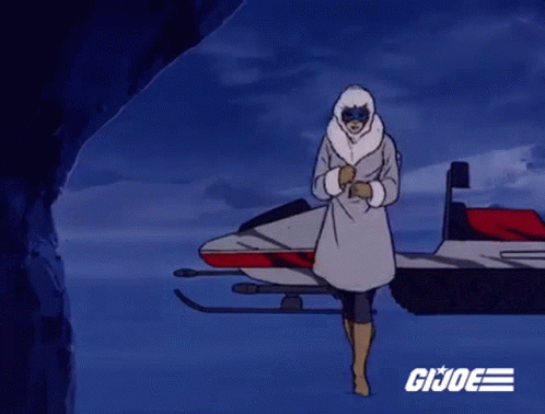 a cartoon scene showing a person in winter clothing with jet skis