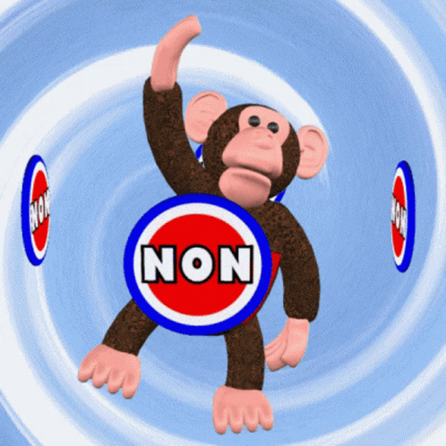 the monkey is standing on his legs with a sign in front