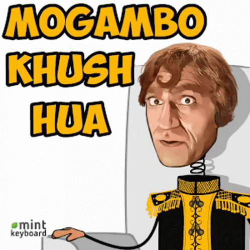 a cartoon image of the head and shoulders of a man with words moogambo khush hua