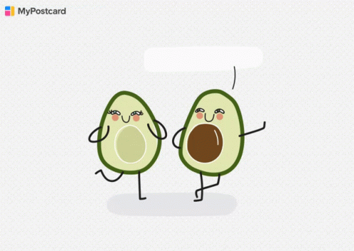 two avocados with speech bubbles behind them