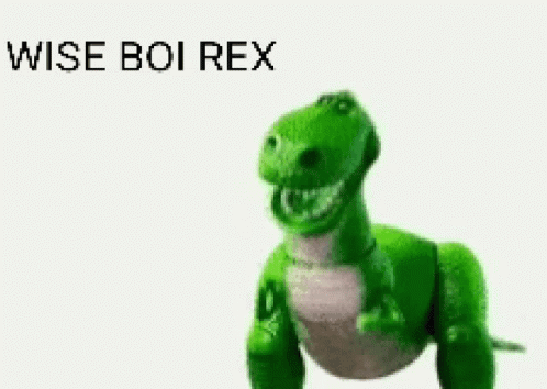 a green dinosaur is posed to be laughing