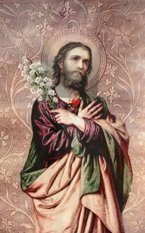 a portrait of jesus holding a vase with a bouquet of flowers