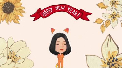 cartoon girl surrounded by flowers and ribbons with text happy new year