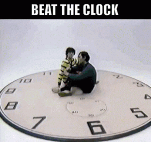 two children on top of a clock with a caption in the background