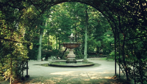 an artistic view of a park and a fountain