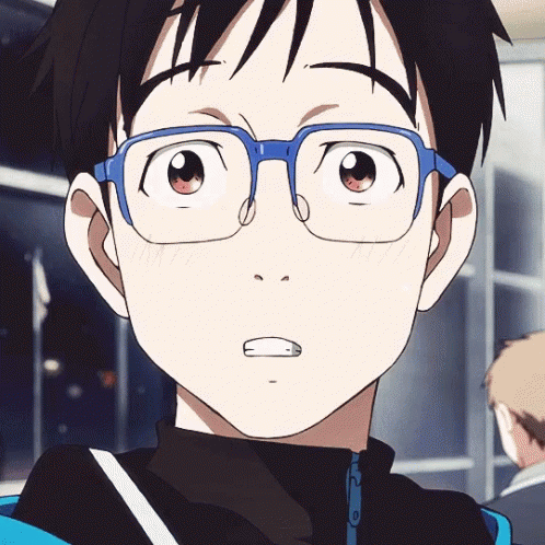 anime character with large glasses and short hair in background