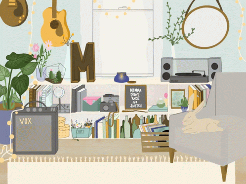 a living room with bookshelves, guitars and various objects