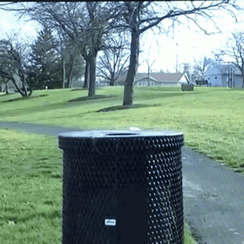 a garbage can in the park next to a path