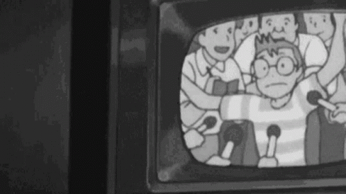 a cartoon showing a man in  behind an old television