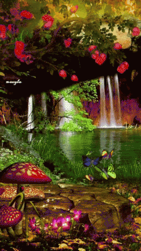 a colorful forest scene with trees, flowers and a stream