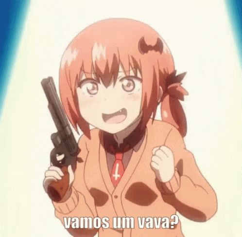 an anime character has a gun and an expression