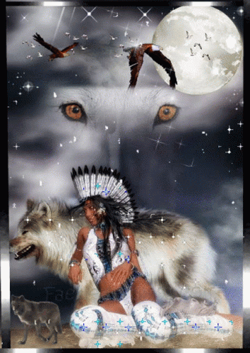 a person in native american clothing next to a wolf