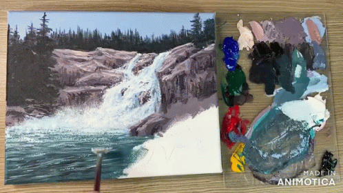 two pictures one with a waterfall, another showing the same painting