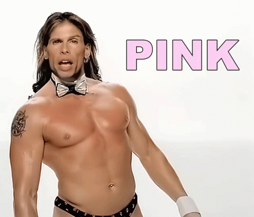 a  man in a bikini and a bow tie with text in pink on it