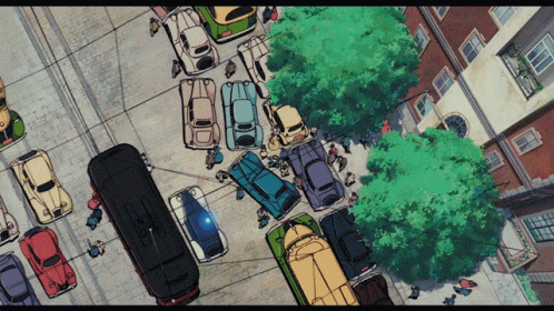 a painting of a busy city street that has several vehicles parked along the side walk