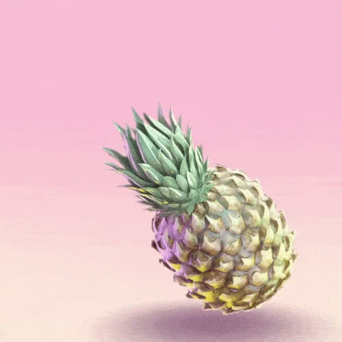 a blue, pink and green pineapple on a purple background