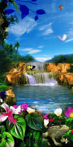 a painting that shows flowers and trees near a waterfall