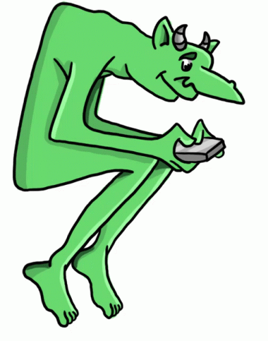 an animated green creature holding a tablet computer