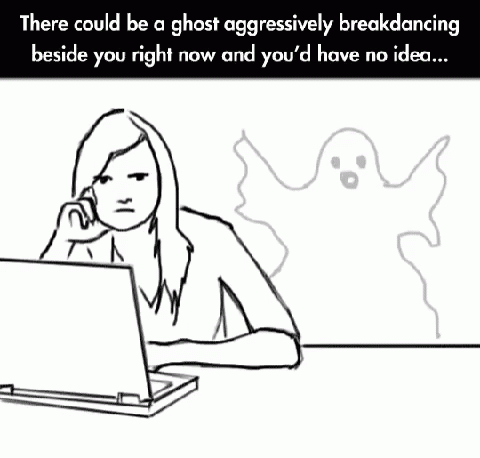 a girl on a laptop in front of a ghost