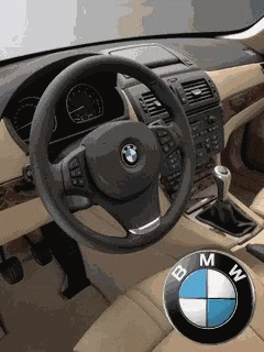inside view of bmw car with two different bmw emblem