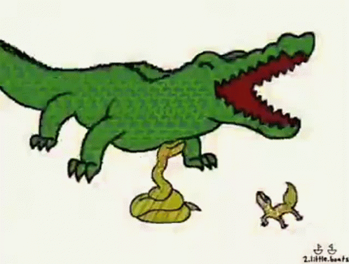 an cartoon image of a large alligator with a bird around him