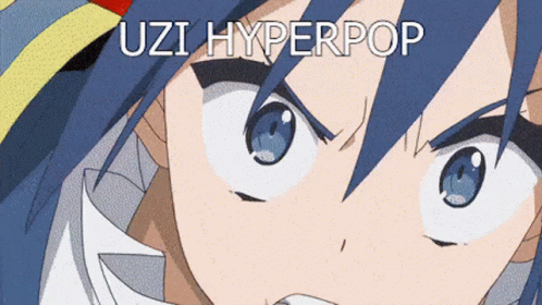a close up of a anime character's face, with a blue sky background and the words uzi hyperpop on it