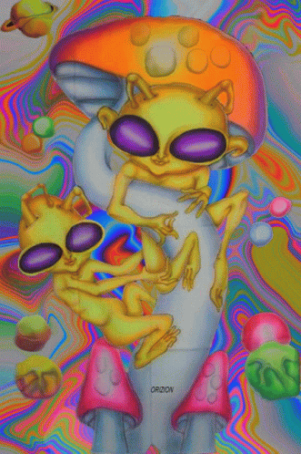 a alien with pink sunglasses sitting next to another alien