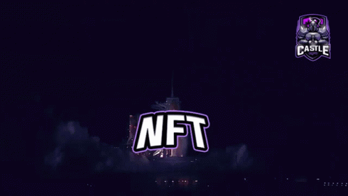 a neon sign for the nft in front of an illuminated castle