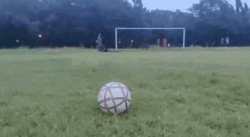 a white ball sits in the middle of a soccer field
