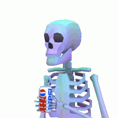 an animated skeleton holding a can of diet coke