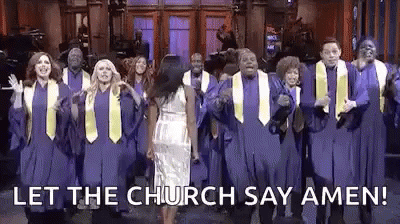 a woman standing next to a group of choirs with text reading let the church say amen